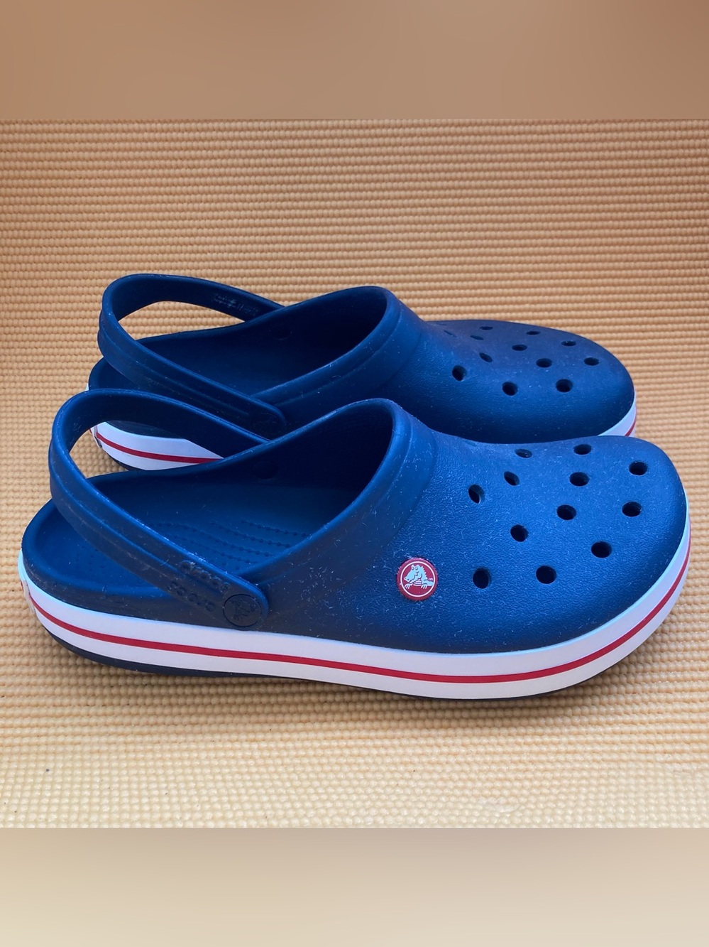CROCS Navy Blue Clogs with Red & White Stripe Mens 10 or womens 12